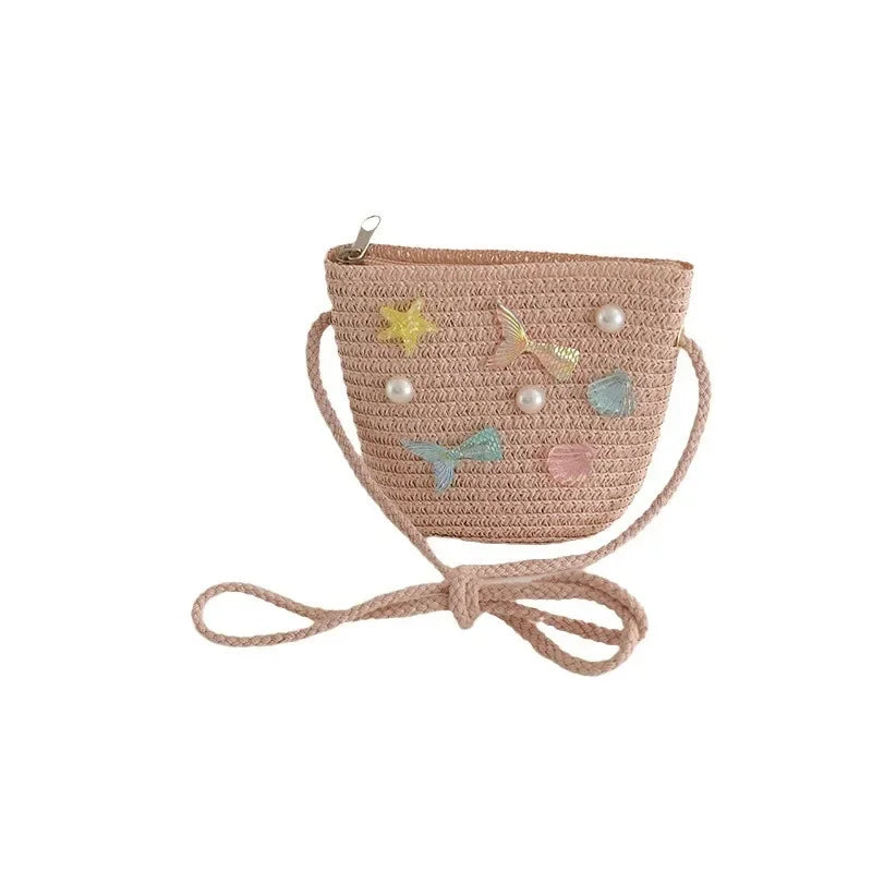 Children's Straw Woven Summer Crossbody Bag Cute Girl Coin Wallet Shoulder Bag Colorful Shells Fish Tail Zero Wallet Kids Gifts