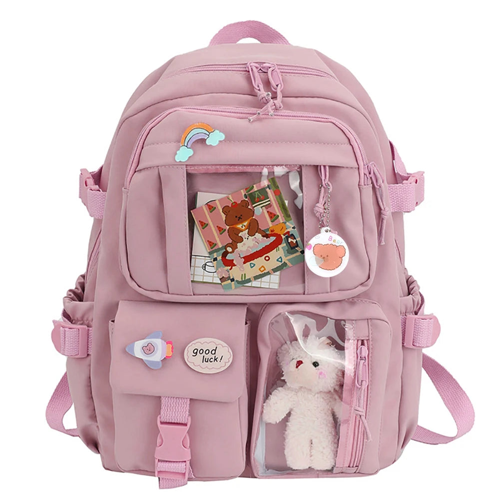Laptop Backpack Fashion College Student Rucksack with Plush Pendant Pin Cute Kawaii Large Capacity Japanese Style for Teen Girls