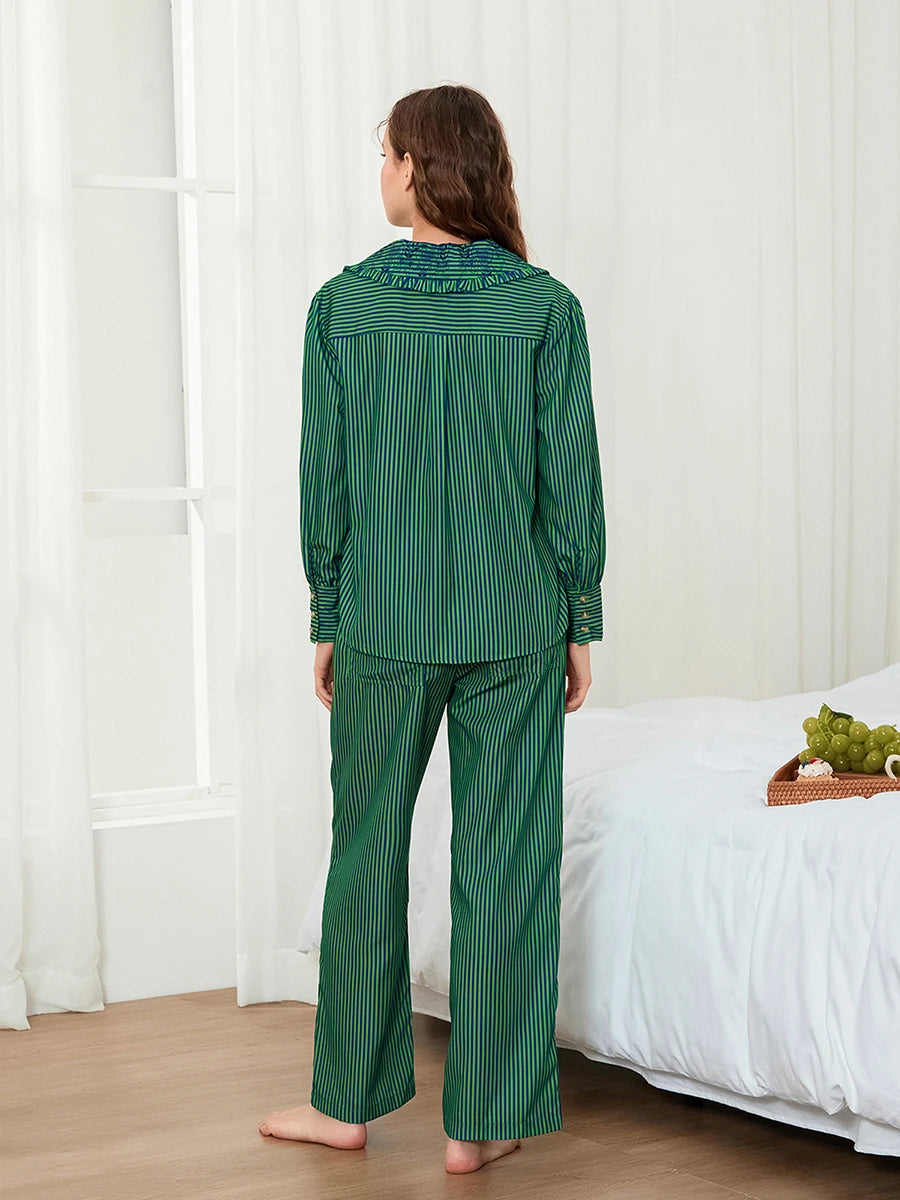 Women s Cozy Autumn Pajama Set with Striped Long Sleeve Top and Matching Pants Button Down Doll Collar Sleepwear