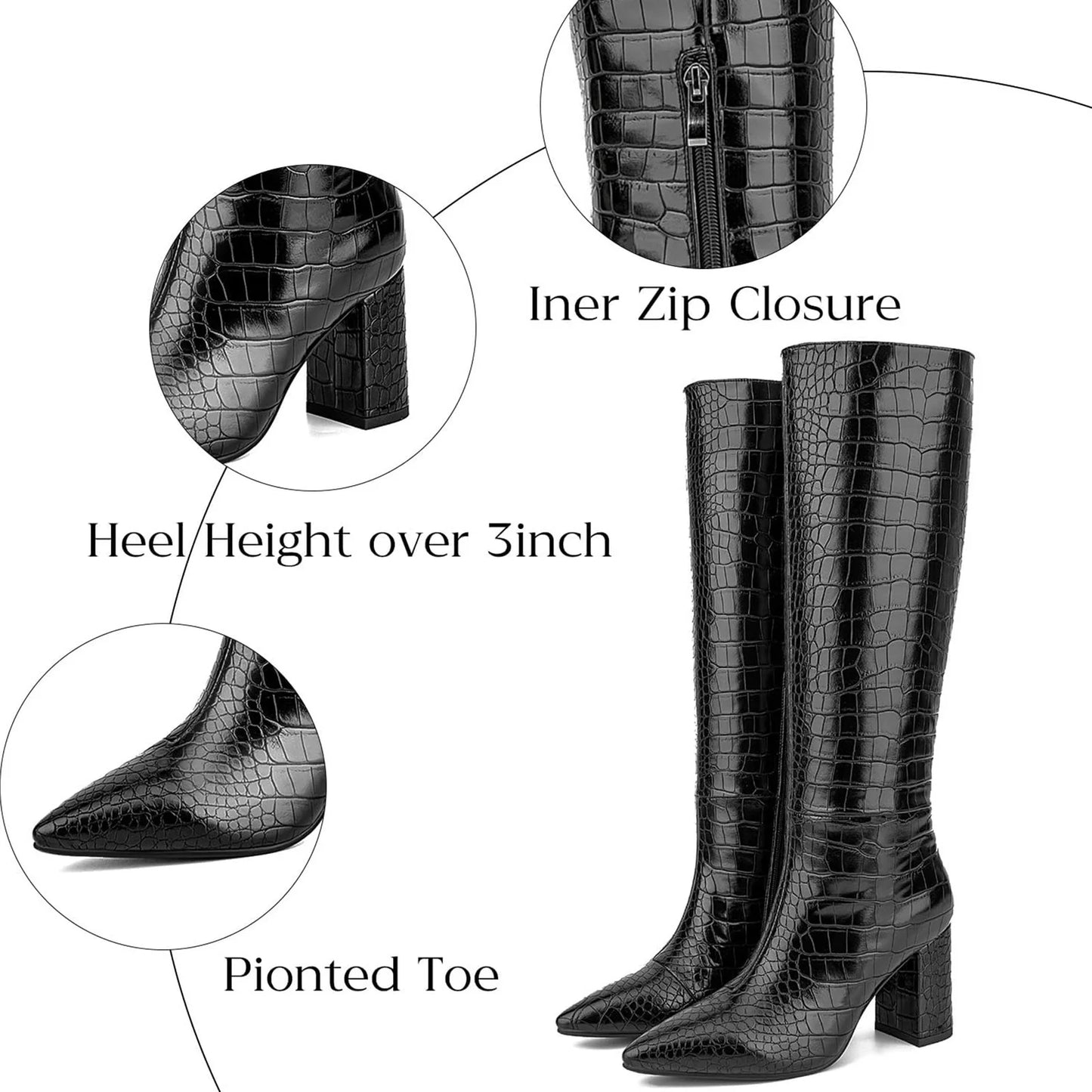 Black Knee High Boots for Women - Fashion Faux Crocodile Boots Women‘s Tall Boots Long Gogo Boots with Zipper Pointed Toe BLACK