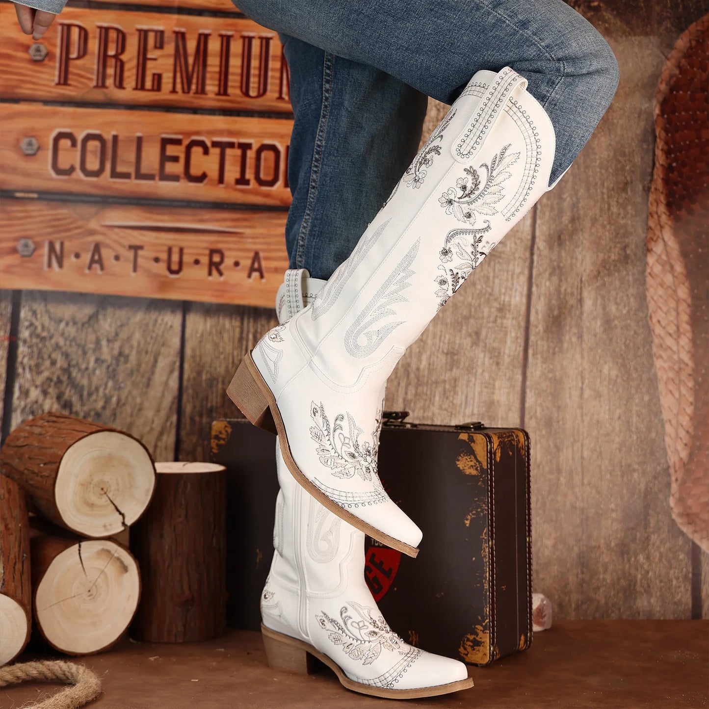 Cowboy Boots for Women - Wide Calf Knee High Western Cowgirl Boots, Sparkly Rhinestone Retro Country Boots White