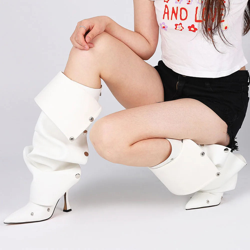 DoraTasia Fashion Fold Over Knee High Boots Pleated Pointed Toe Stiletto High Heeled Women Boots Zipper Rivet Shoes For Woman