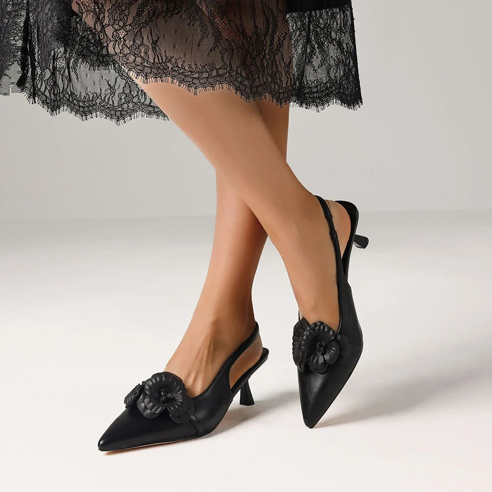 GIGIFOX Flower Kitten High Heel Sandals For Women Pointed Toe Elastic Band Pull-on Slingback Pumps Elegant INS All-Match Sandals