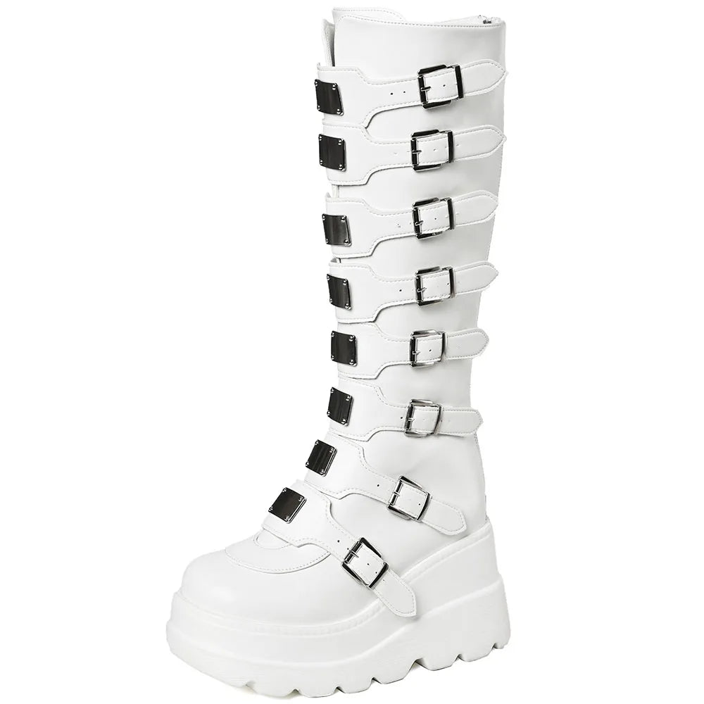 Punk Goth Women Knee High Boots Round Toe Multi Metal Buckle Zipper Motorcycle Boots Nightclub Christmas Shoes