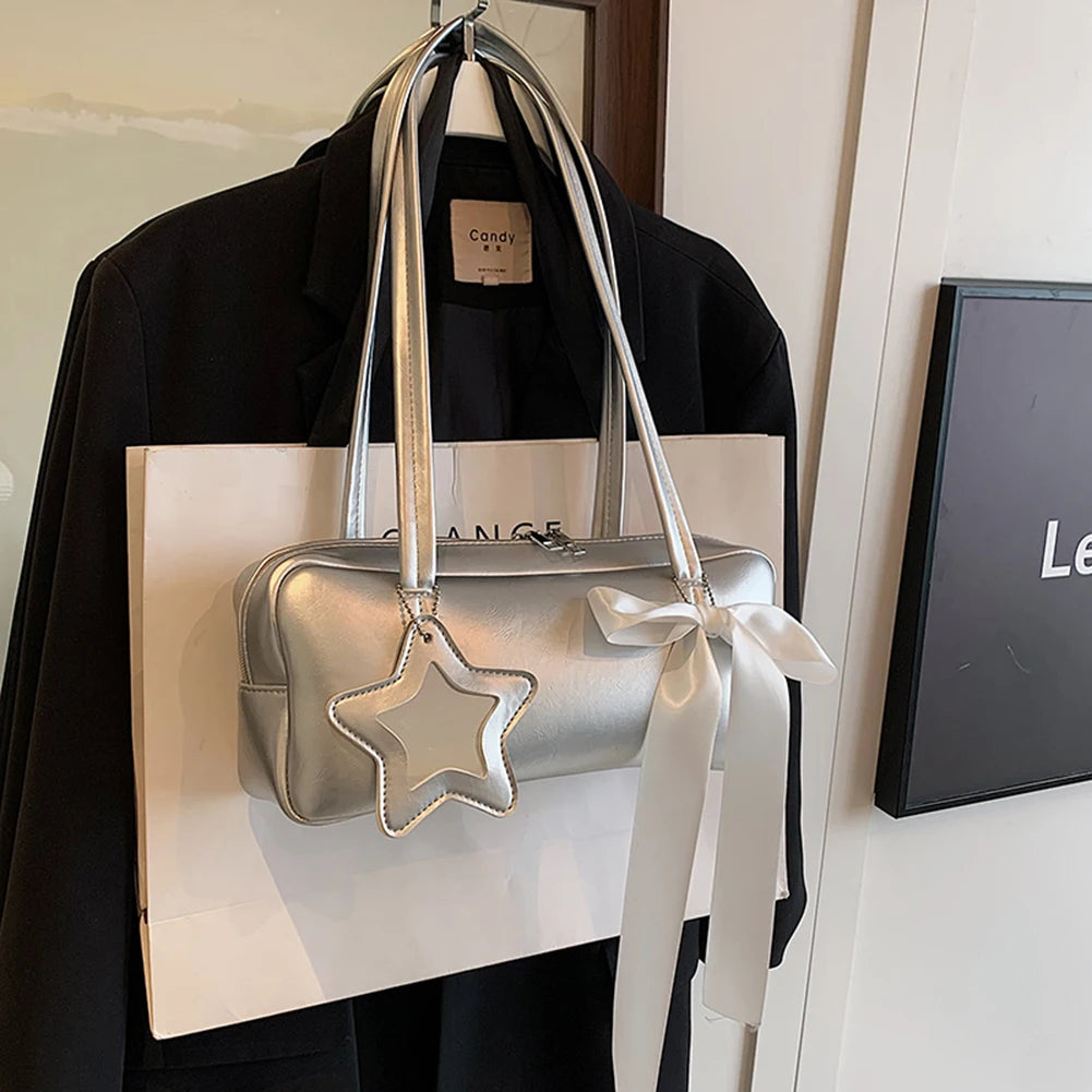 Women Bow Shoulder Bag with Star Pendant Fashion Shoulder Purse PU Leather Bow Underarm Handbag Girls Outdoor Daily Bag