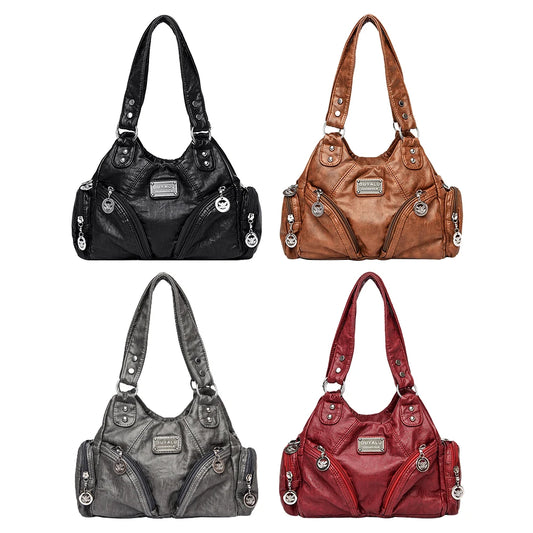 Women Retro Rivet Shoulder Bag Multiple Pockets Leather Tote Bag Detachable Strap Vintage Sling Bag Female Travel Handbag