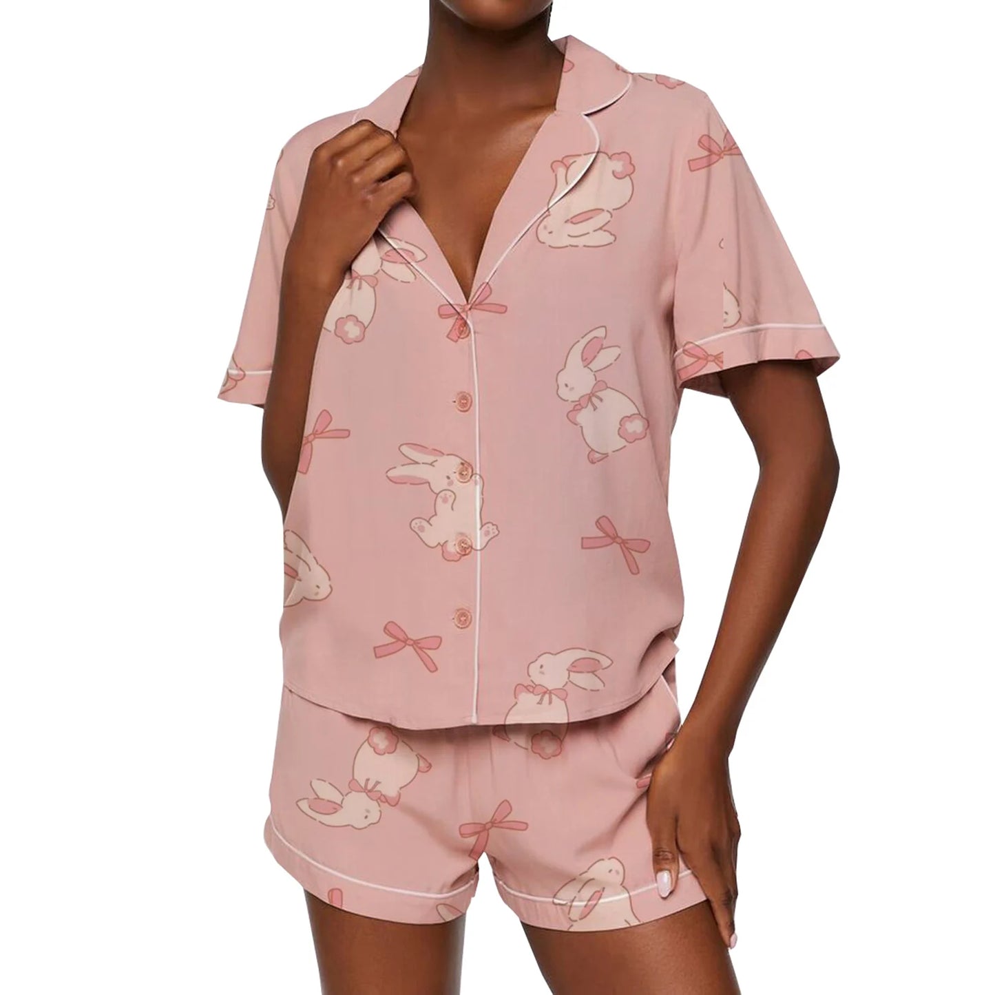 Women’s 2 Piece Pajamas Set Cute Bunny Print Short Sleeve Button Up Shirt Shorts Set Home Clothes