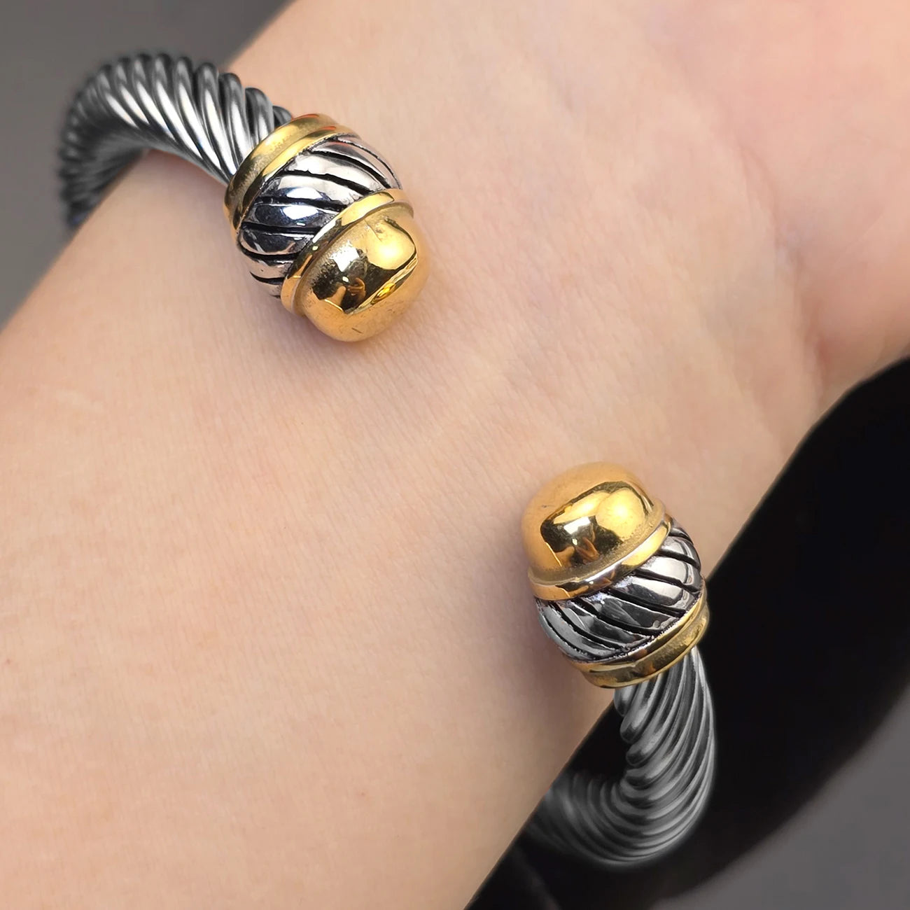 7mm Stainless Steel Cable Bracelet Designed for Women Two-Tone Open Twisted Rope Bracelet with Jewelry Pouch Gift for Women