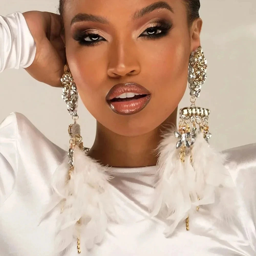 Stonefans New Feather Exaggerated Heart Earrings Dangle Bridal Wedding Designer Large Crystal Hanging Earrings Prom Jewelry Club