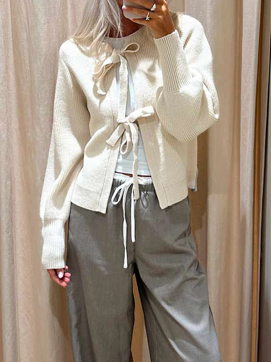 Womens Fall Knit Cardigan Solid Color Ribbed Tie Front Long Sleeve Loose Winter Sweater Coat