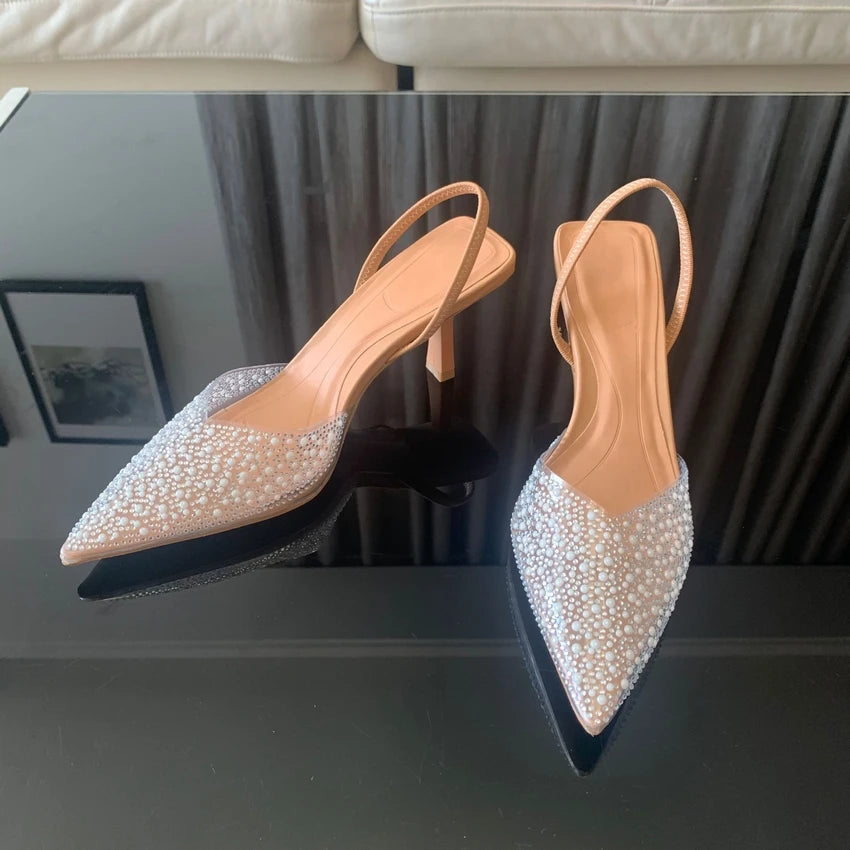 2025 Fashion Summer Women High Heels Pearl Decoration Slingback Woman Pumps Pointed Toe High Heels Sandals Elegant Woman Shoes
