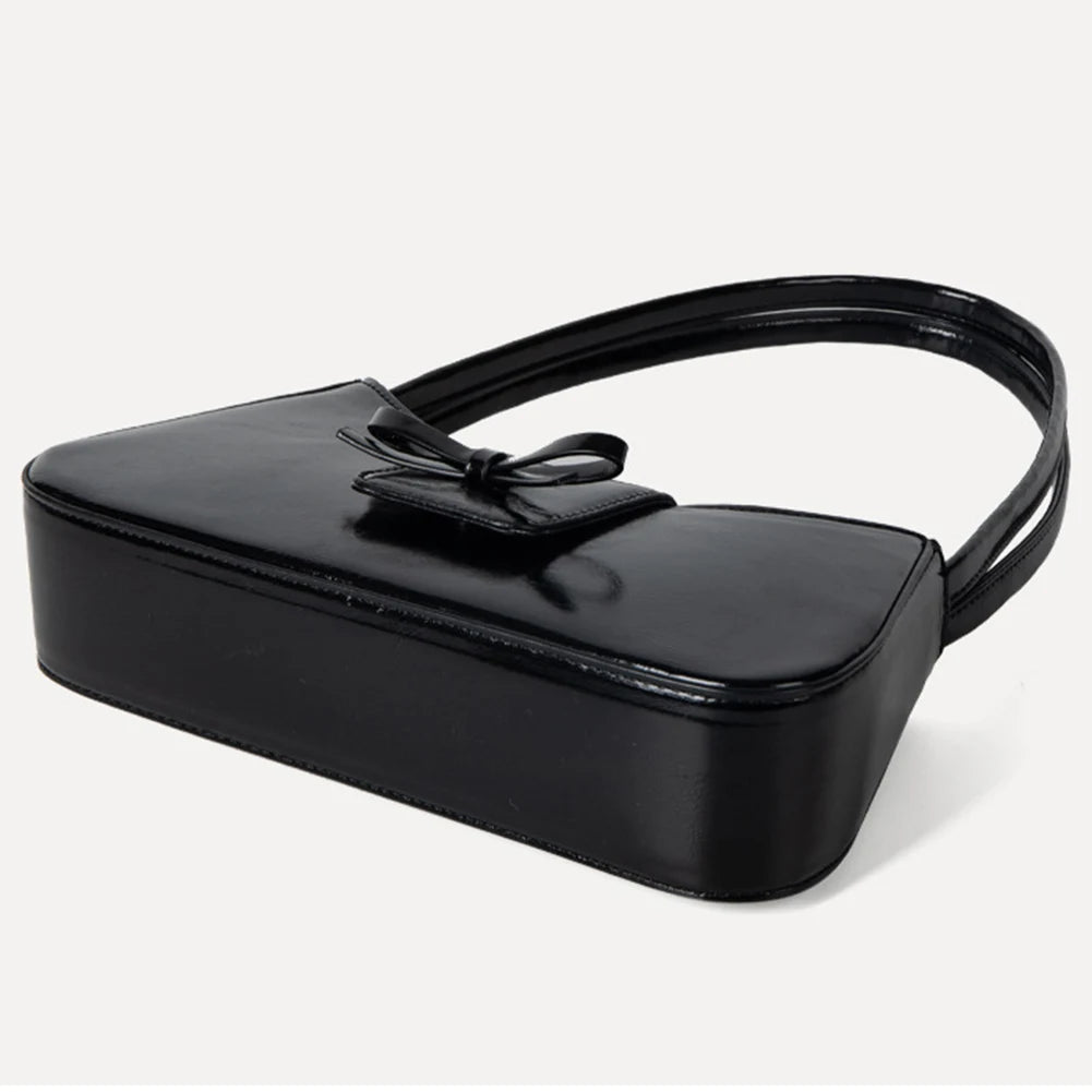 Sweet Bow Shoulder Bag PU Leather Everyday Purse with Zipper Closure Clutch Purse Retro Trendy Underarm Bag for Women and Girls