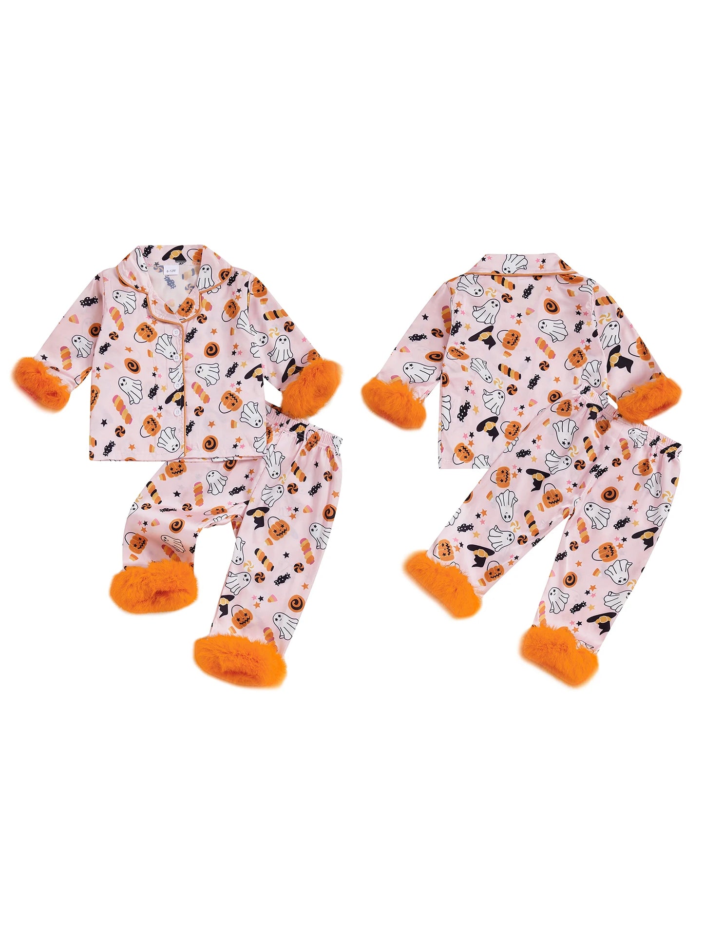 Kids Halloween Satin Pajamas Set Witch Print Lapel Long Sleeve Button Down Tops with Pants Sleepwear for Little Girls