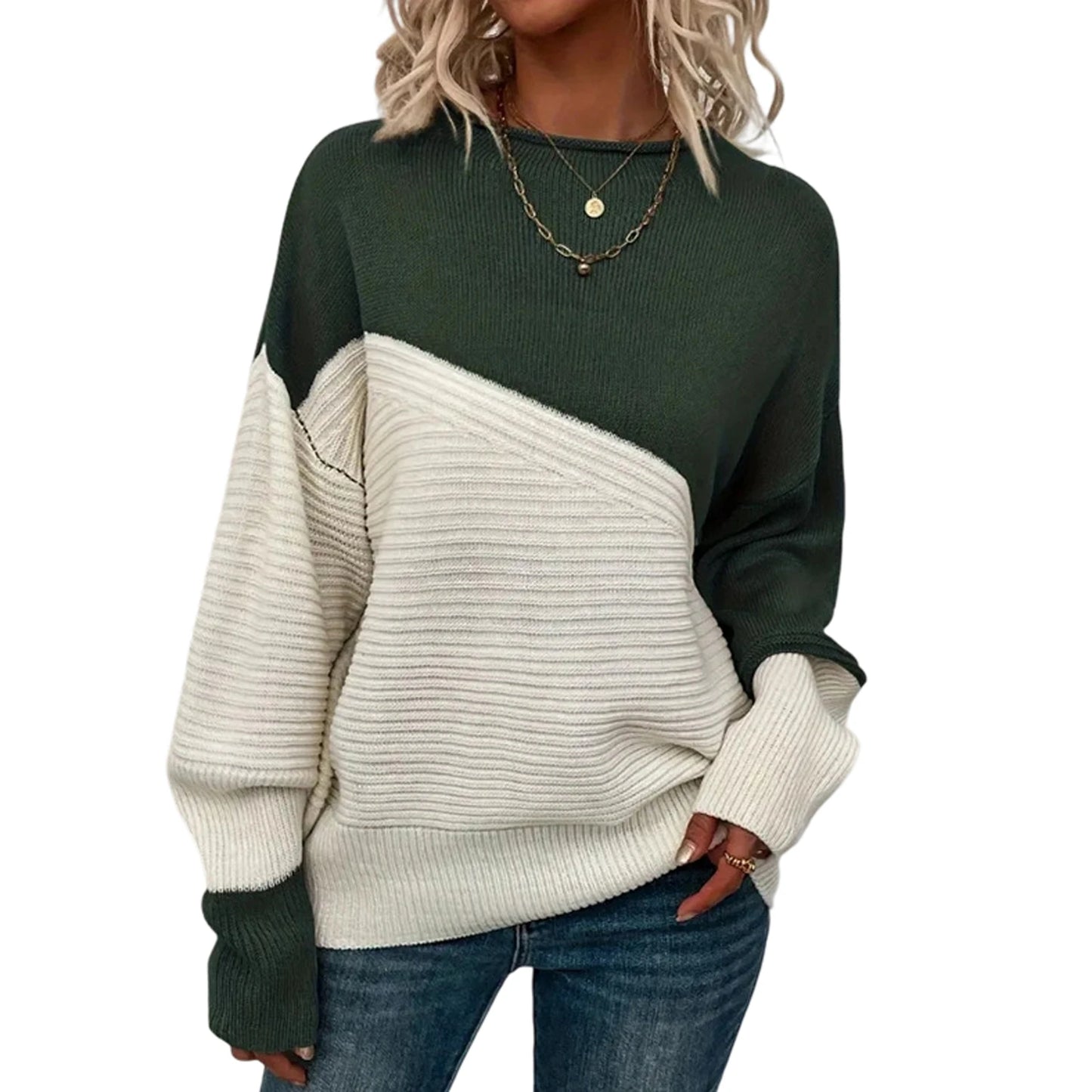 Women'S Casual Round Neck Colorblock Pullover Sweater Loose Casual Long Sleeve Contrast Color Top Pulls Femmes Woman Clothes