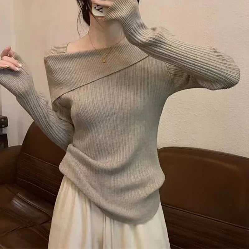 Solid Sexy Slim Off Shoulder Slash Neck Long Sleeve Knitting Sweater Women Jumpers Office Fashion New