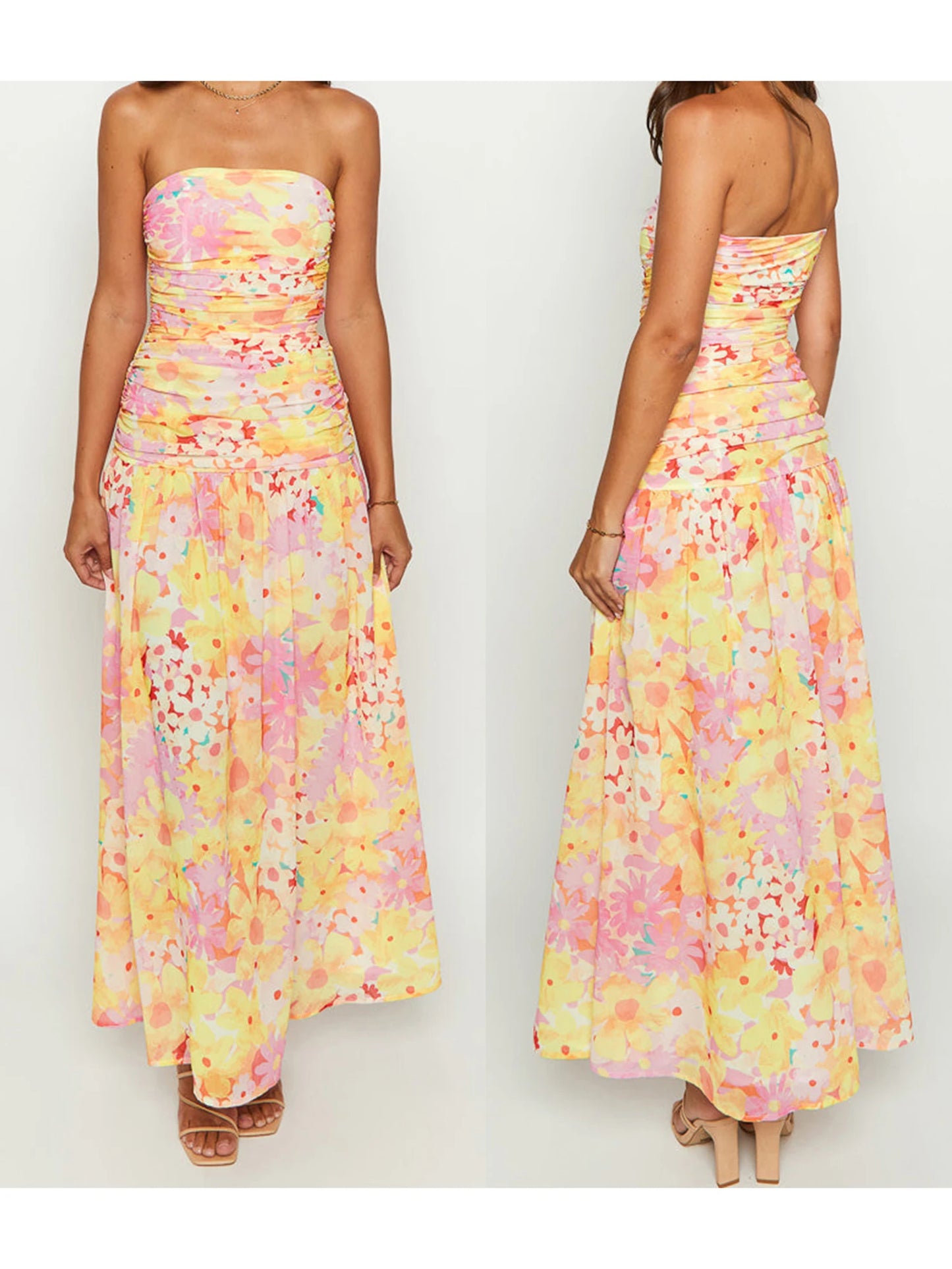 Women s Floral Print Maxi Dress Sleeveless V-Neck Empire Waist Summer Dress with Ruffle Hem and Adjustable Straps