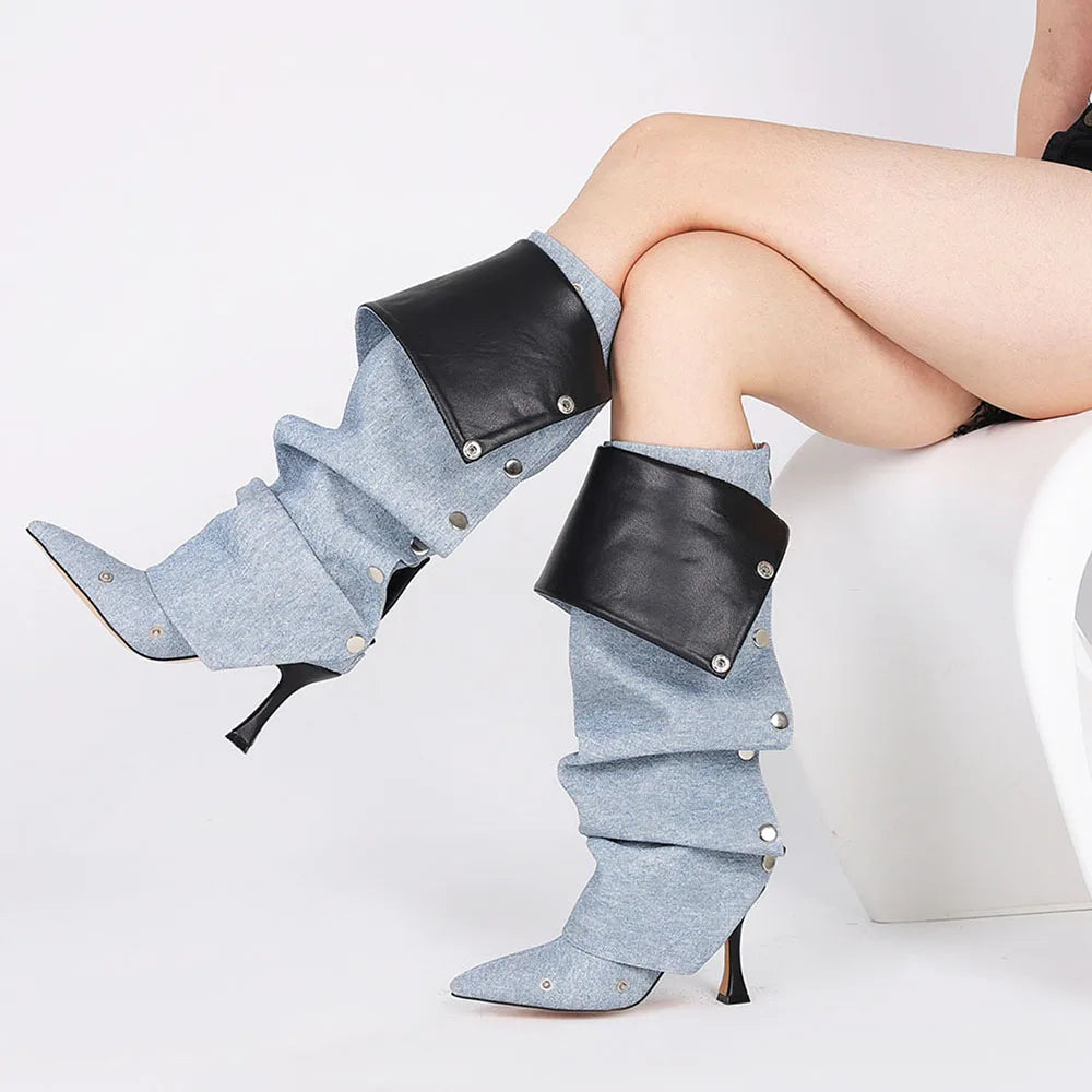 DoraTasia Fashion Fold Over Knee High Boots Pleated Pointed Toe Stiletto High Heeled Women Boots Zipper Rivet Shoes For Woman