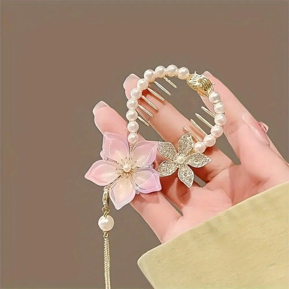 6pcs Pearl Ponytail Claw Clip, Tassel Claw Clip, Metal Claw Clip Hair Accessory for Girls and Women