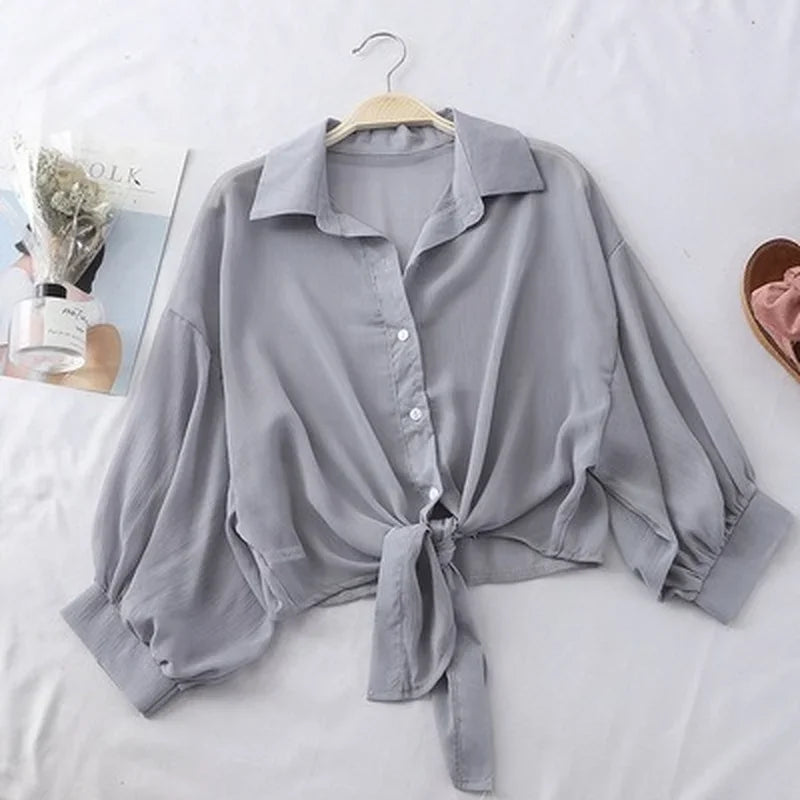 Chiffon Shirts Women 2025 Summer Half Sleeve Buttoned Up Shirt Loose Casual Blouse Tie Waist Elegant Blouses for Women