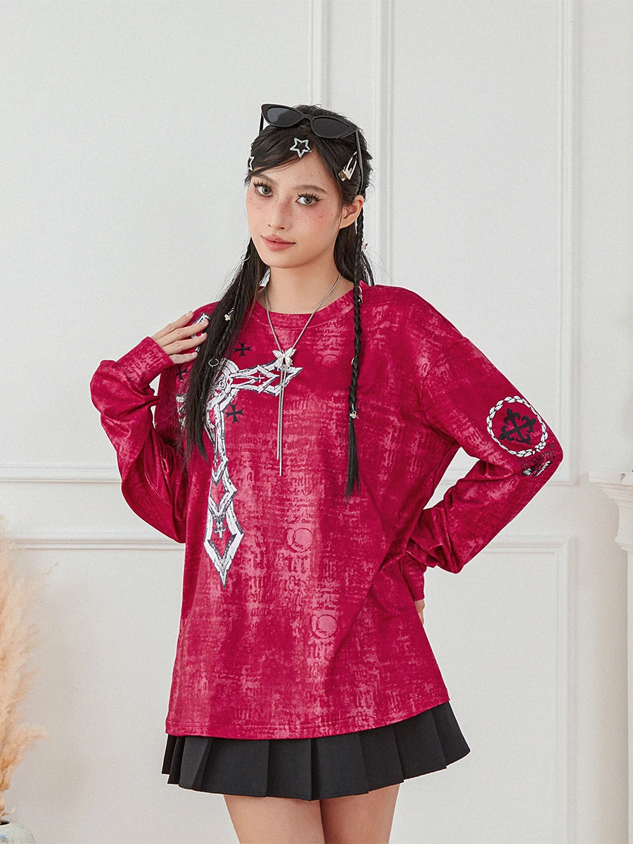 Women s Vintage Graphic Tops Gothic Long Sleeve Round Neck Loose T-Shirts Streetwear Grunge Tops