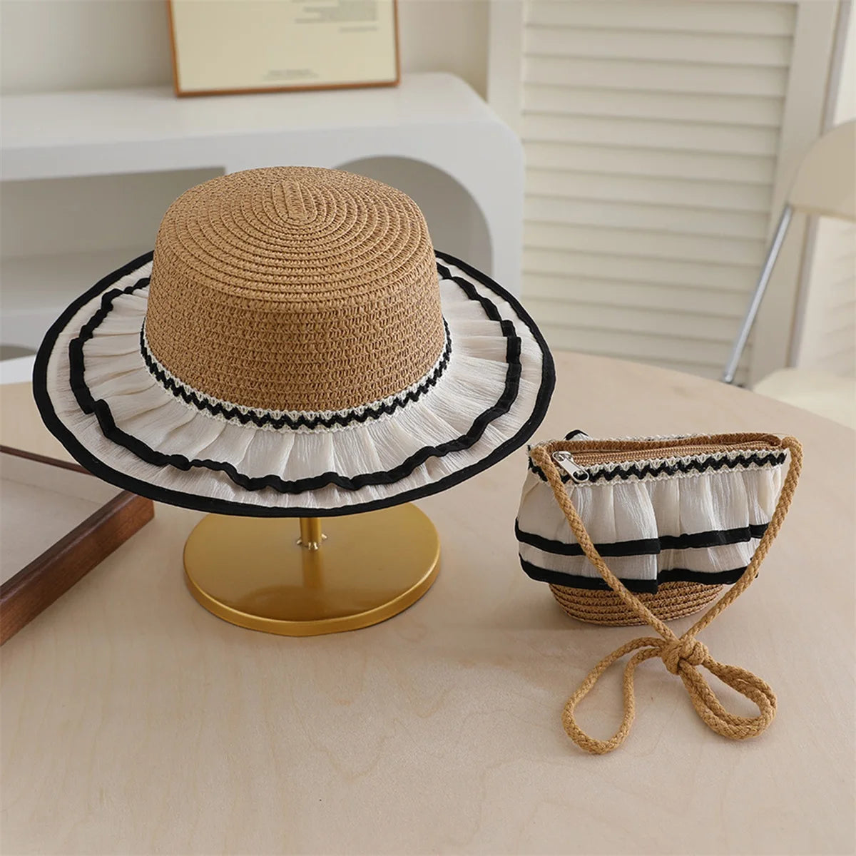 Children s Girl Patchwork Wide Brim Straw Hat and Bag Set for Summer Beach Vacation - Adorable Sun Protection Accessories for