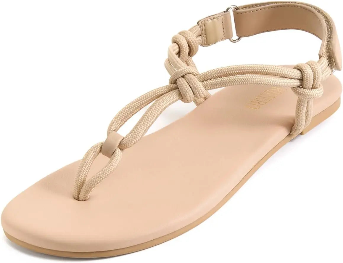 Rope Thong Sandals for Women Beach Flip Flops Comfortable Ankle Strap Slip-On Flat Sandals