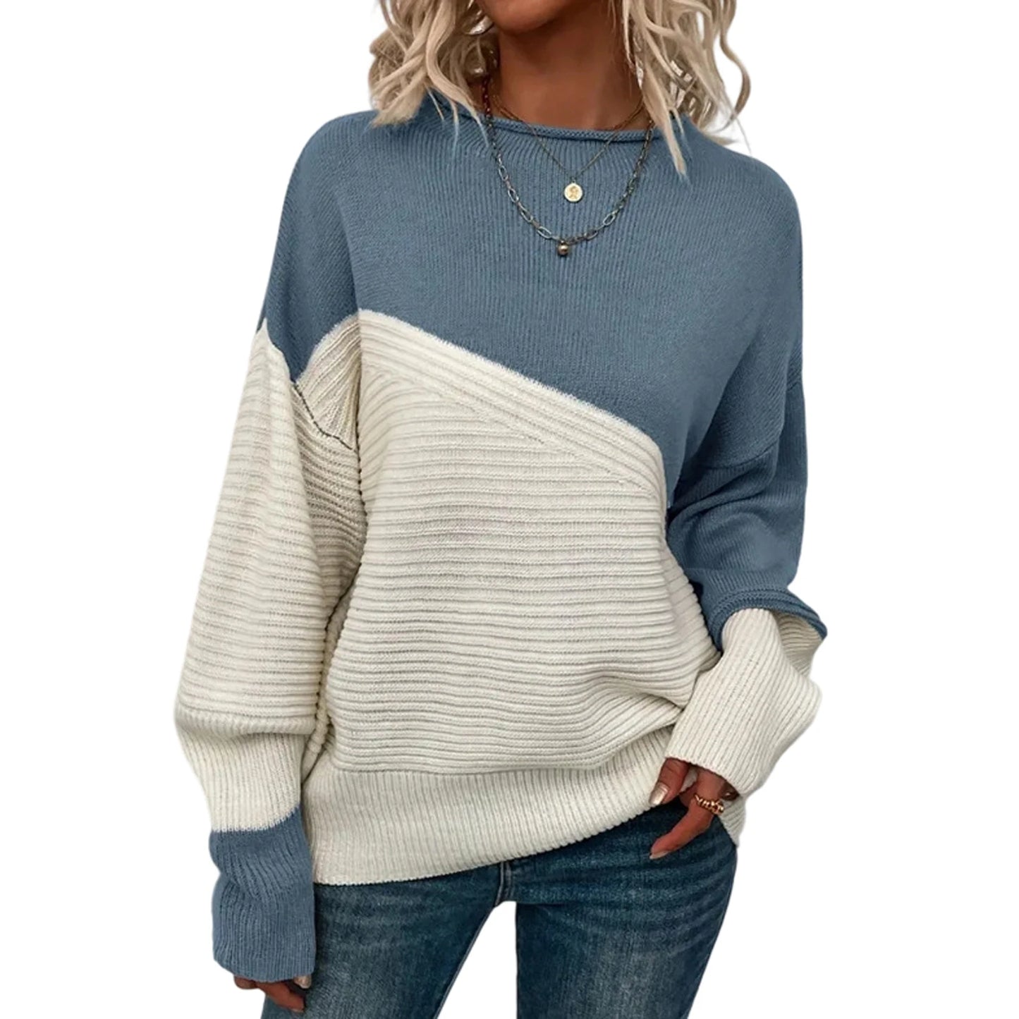 Women'S Casual Round Neck Colorblock Pullover Sweater Loose Casual Long Sleeve Contrast Color Top Pulls Femmes Woman Clothes