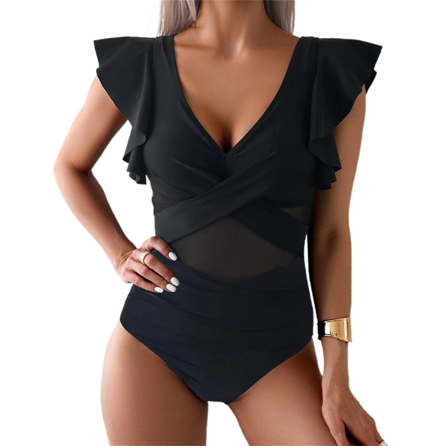 Women s Swimsuit with Front Cross Design and Ruffled Sleeves V Neck Quick-Drying Bathing Suit for Beach