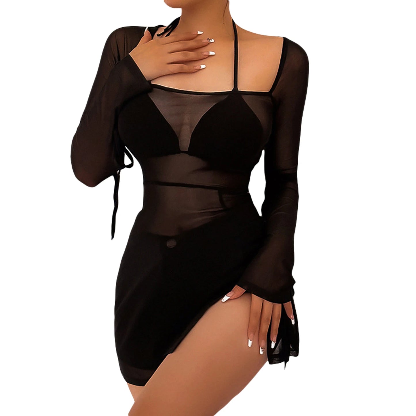 Women Bodycon Dress See-through Long Sleeve Square Neck Slit Mini Dress Clubwear