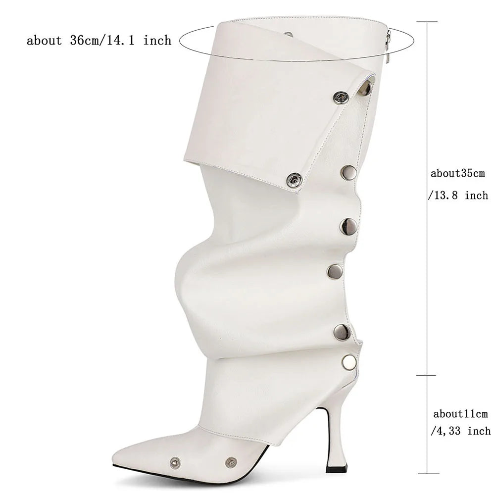 DoraTasia Fashion Fold Over Knee High Boots Pleated Pointed Toe Stiletto High Heeled Women Boots Zipper Rivet Shoes For Woman