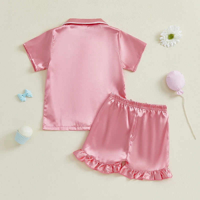 Infant Girl s Cute Summer Pajama Set with Button Down Lapel V Neck Top and Ruffled Shorts for Comfortable Lounge Wear - 2 Piece