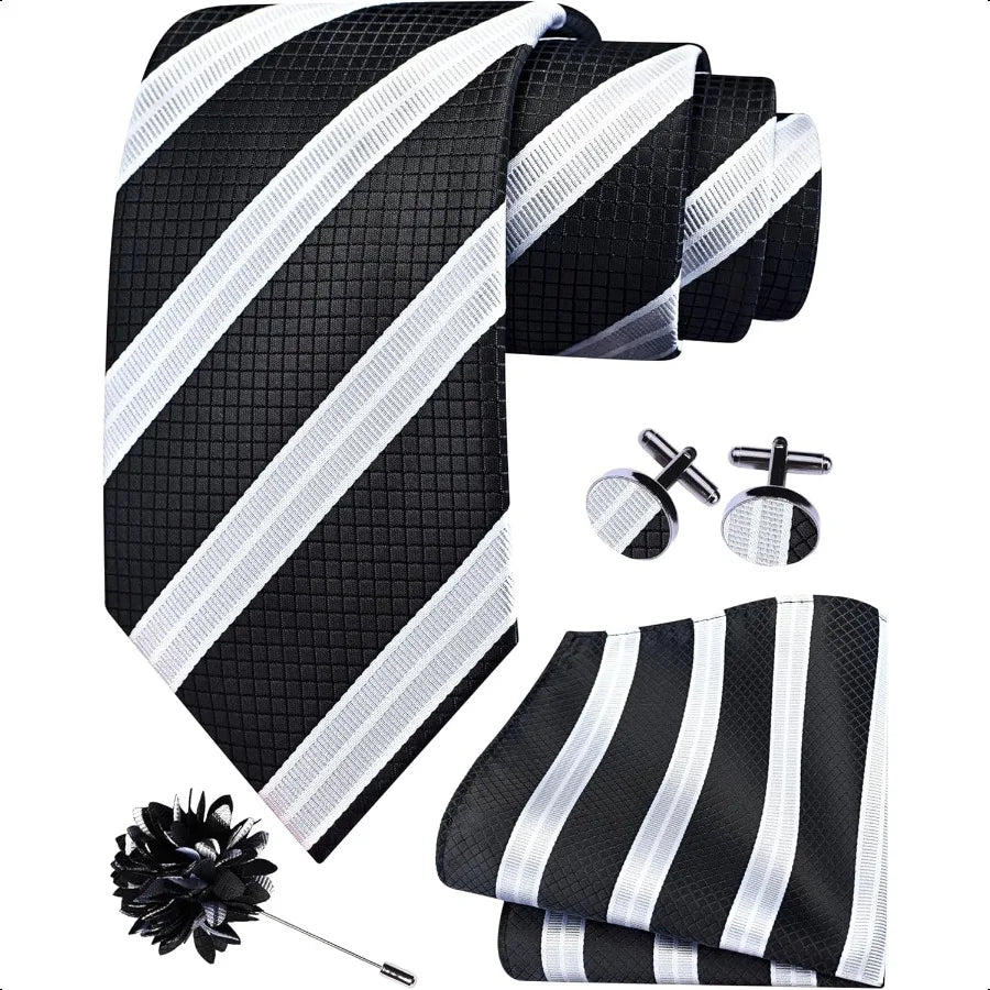 GUSLESON 3.15" 8cm Mens Stripe Tie and Lapel Pin Necktie Hankerchief Cufflinks Set for Men