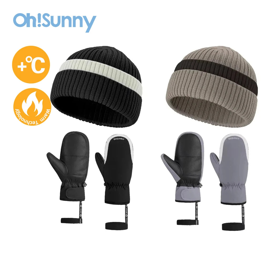 【New】US Stock OhSunny Warm Knitted Beanies Winter Hats Cycling Gloves Ski Mitten Bonnet Cashmere Cap for Women Girls Hat Glove