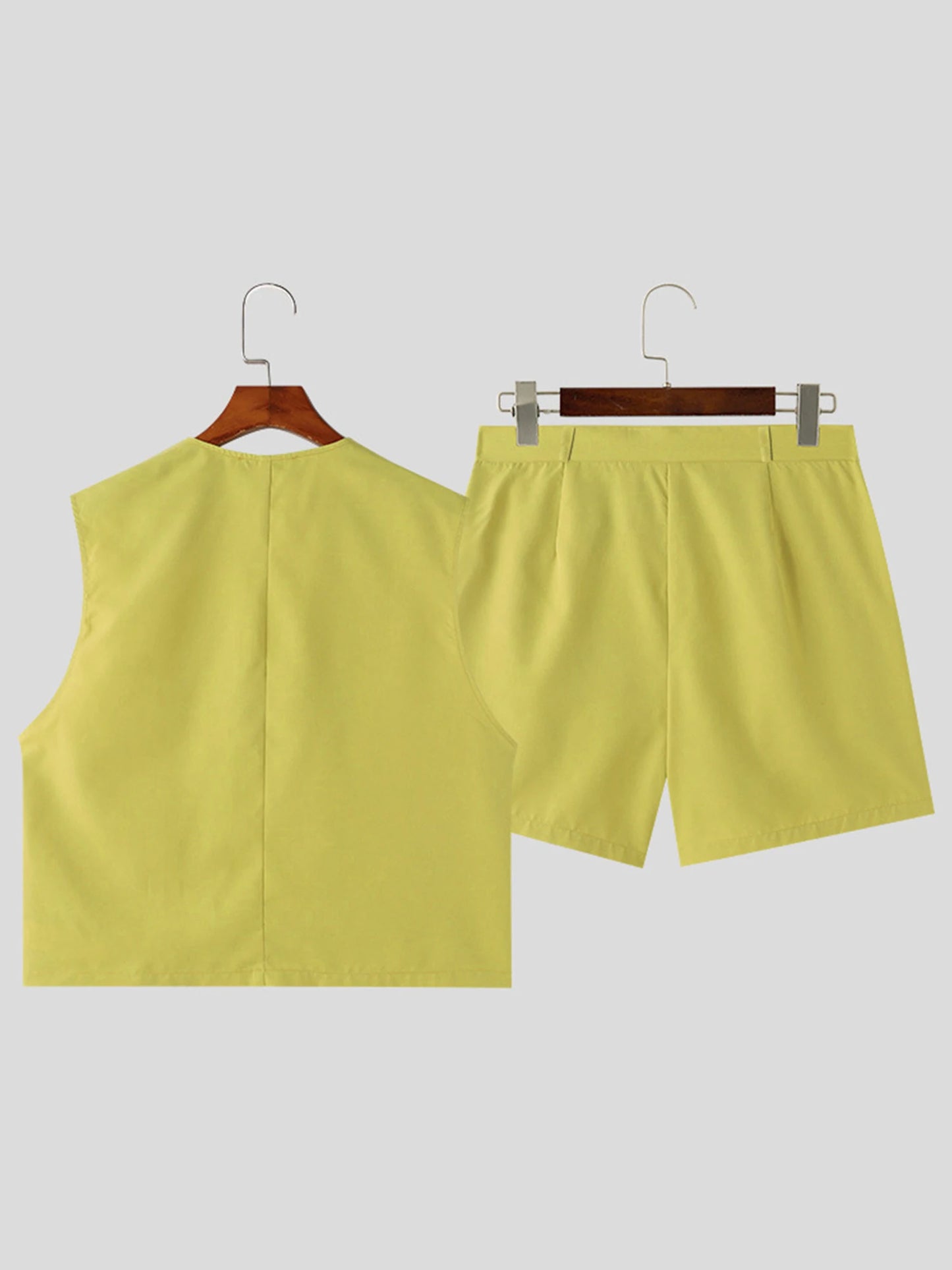 Stylish Men s Summer Ensemble Solid Color V Neck Button Up Vest Top and Wide Leg Shorts 2-Piece Outfit for a Fashionable Look