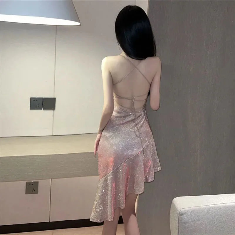 Sexy Women Golden Mermaid Dresses Summer Spaghetti Strap Strapless Dress Woman Elastic Solid Color Bandage Vestidos Lady