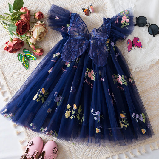 Summer Girls' Princess Party Birthday Dress Sweet Baby Girls Dress Back Bow Wings Fairy Strap Embroidered Butterfly Mesh Dress