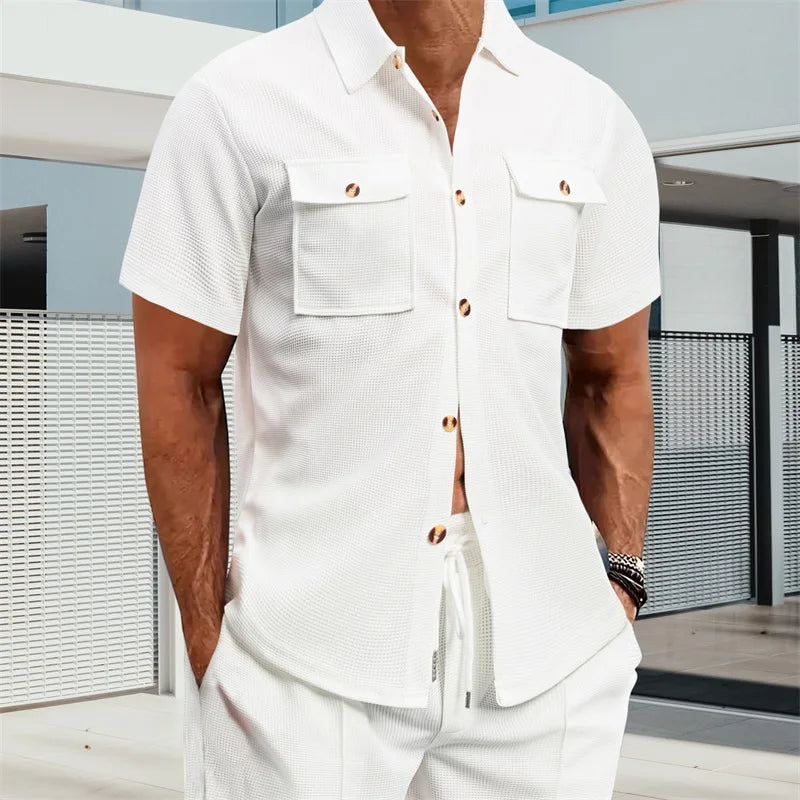Men s Casual Short Sleeve Button Down Shirt with Turn-down Collar Solid Color Summer Top for Daily Wear and Outings