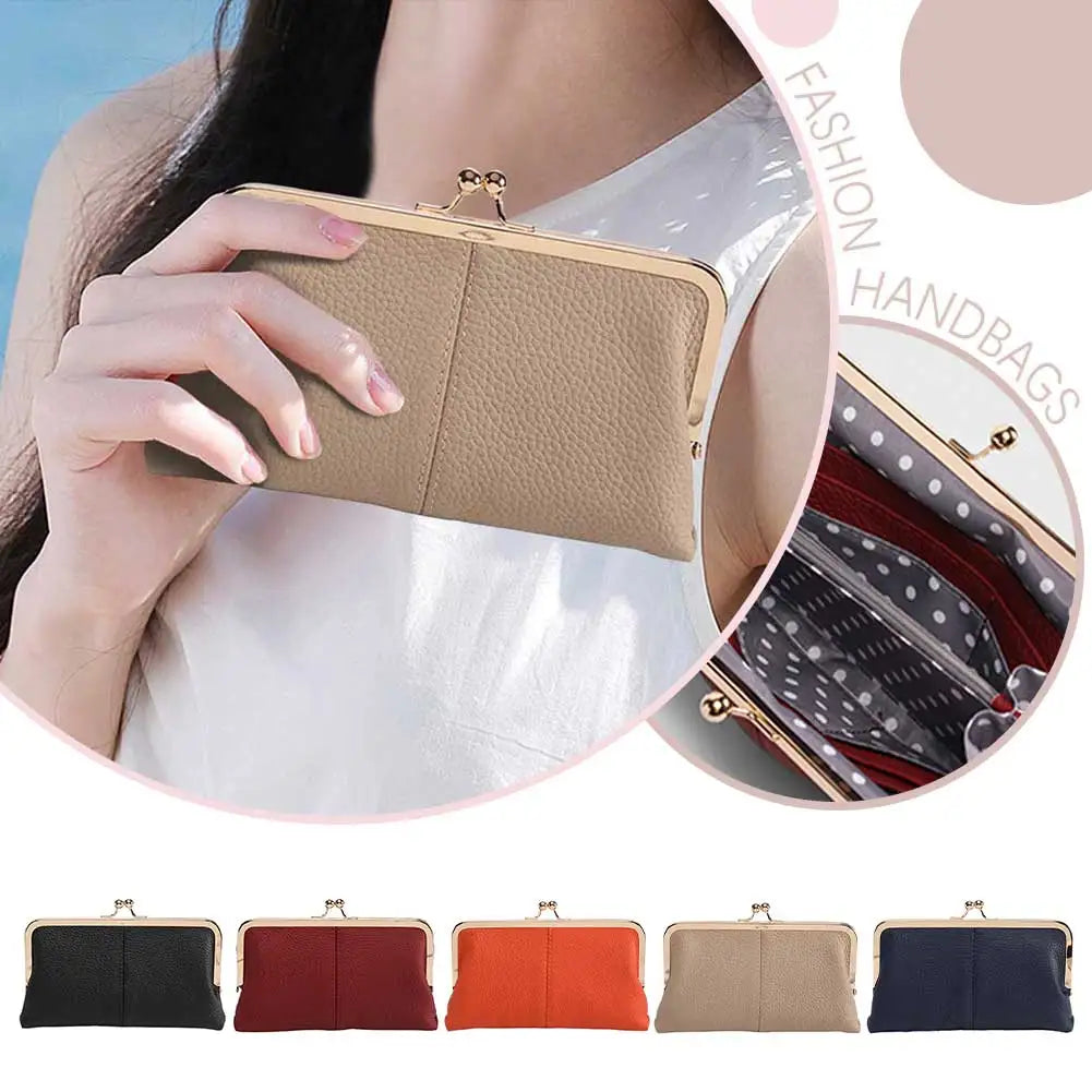 Genuine Leather Vintage Kiss Lock Wallet Large Capacity Long Card Holder Double Clip Travel Wallet Key Card Storage Bag