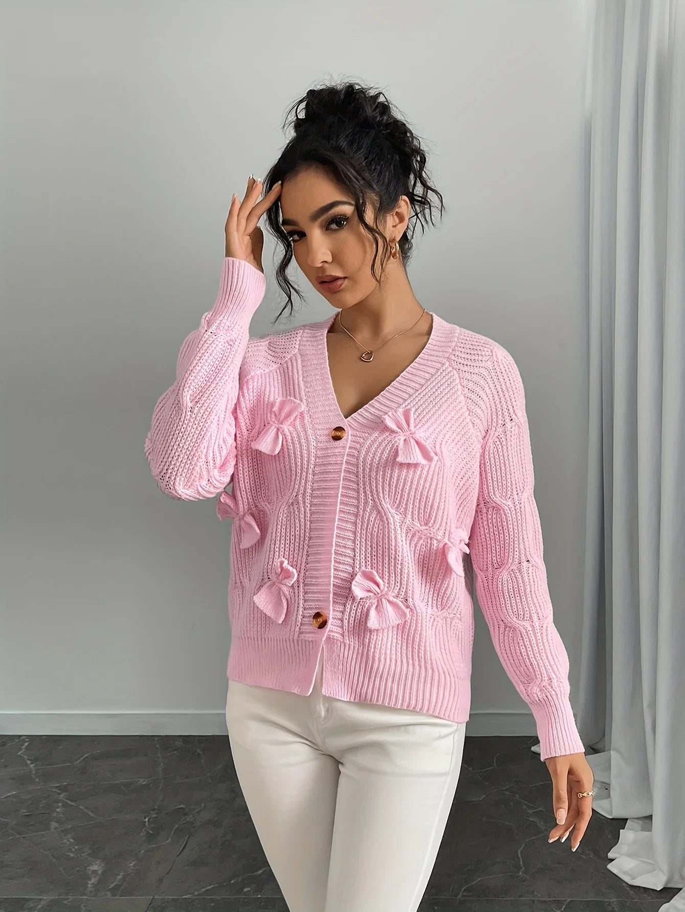 Autumn and Winter New Fashion Woman Sweater Solid Color Long Sleeve Bow Knit Cardigan Jacket Top Women's Clothing