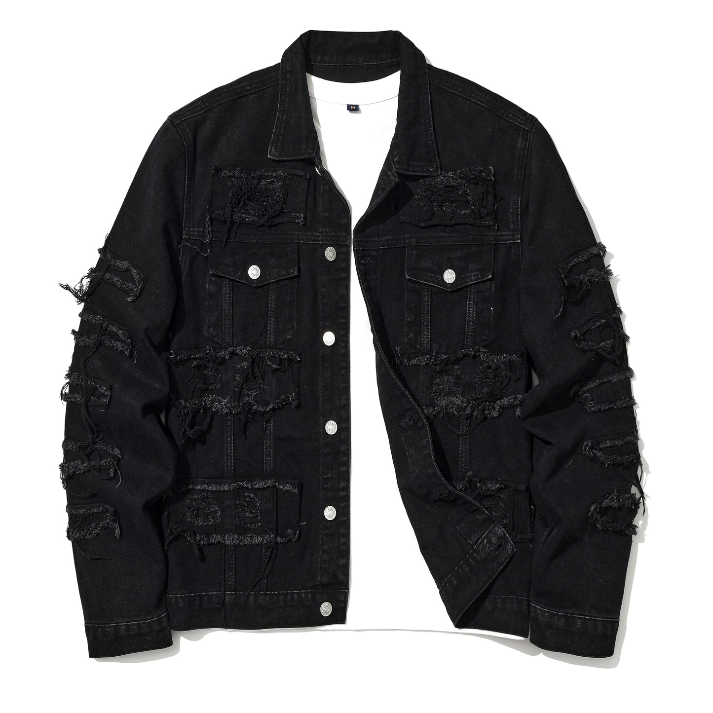 Men's Gothic punk Distressed Trucker Casual Denim Jacket Outerwear Loose Fit Stretch Cowboy Long sleeves Coat