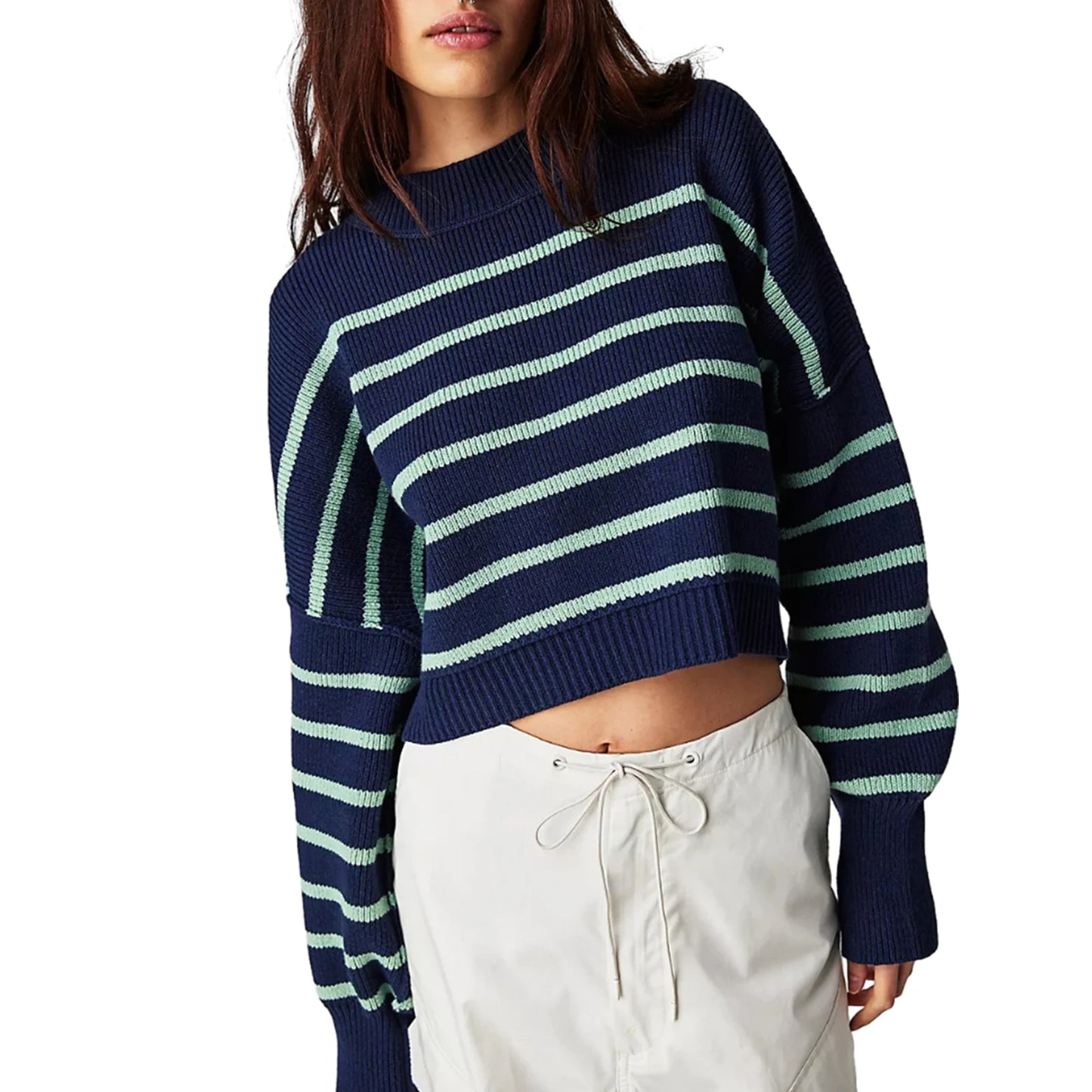 Women Solid Color Stripe Knit Sweater Crew Neck Long Sleeve Loose Pullovers Spring Fall Casual Jumpers Streetwear