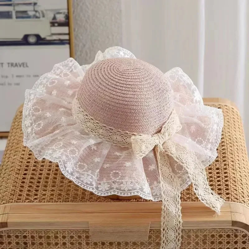 Summer Baby Girl Straw Hat Solid Color Lace Ruffle Kids Fisherman Cap Outdoor Beach Caps Sunshade Wide-brim Bucket Hats