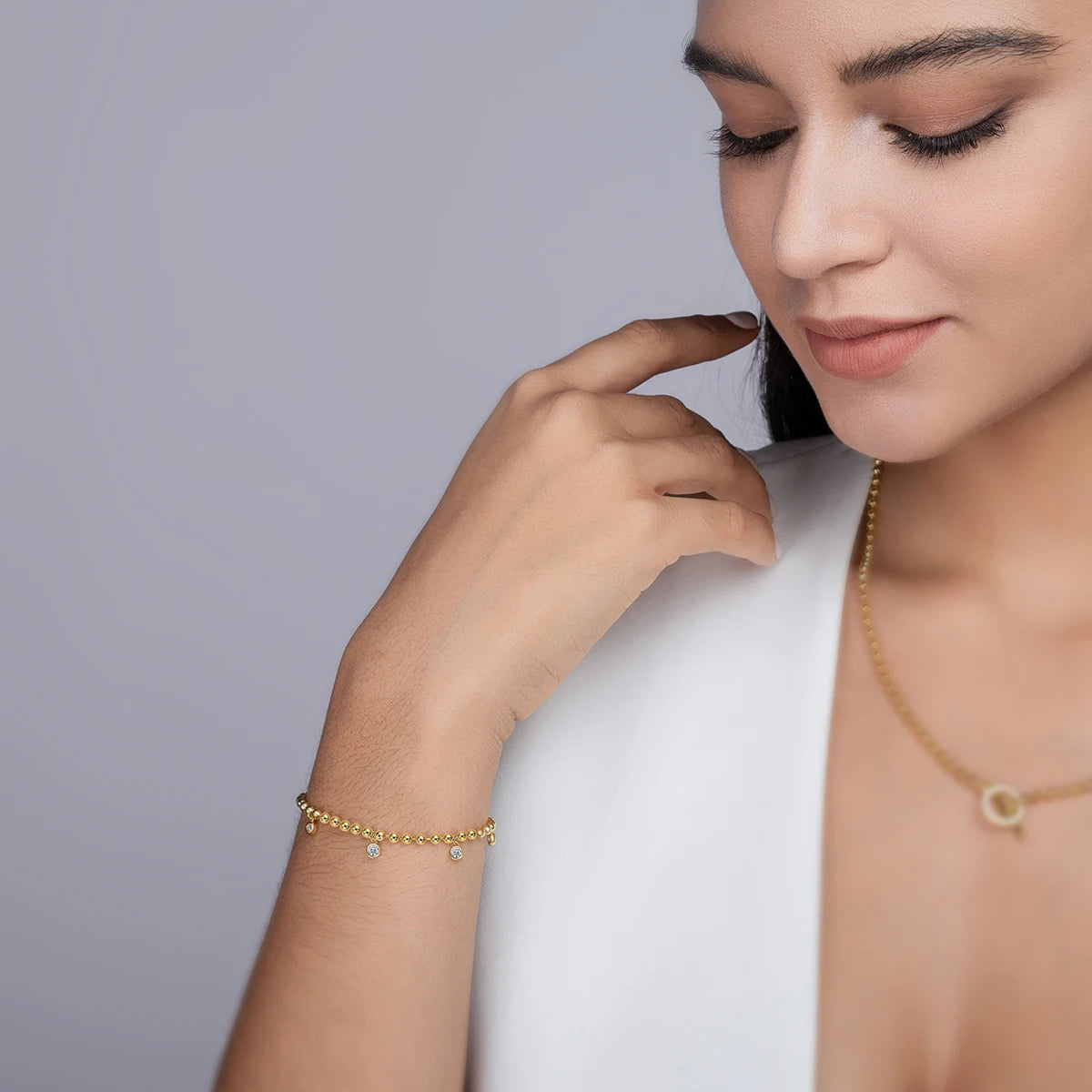 JIUZUAN Moissanite Bracelet Gold Plated Beaded Chain 925 Sterling Silver Fashion Jewelry for Women Comes with GRA Certificate