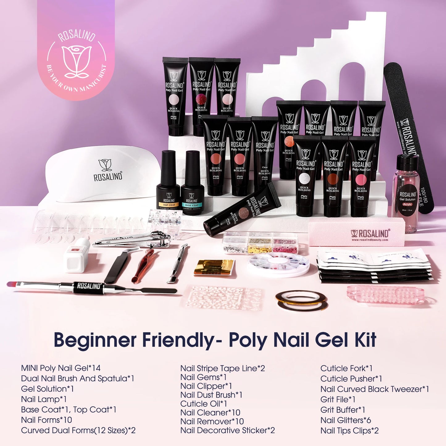 ROSALIND Poly Nail Gel Kit with Mini UV Nail Lamp Crystal Gel for Nail Strengthener Design