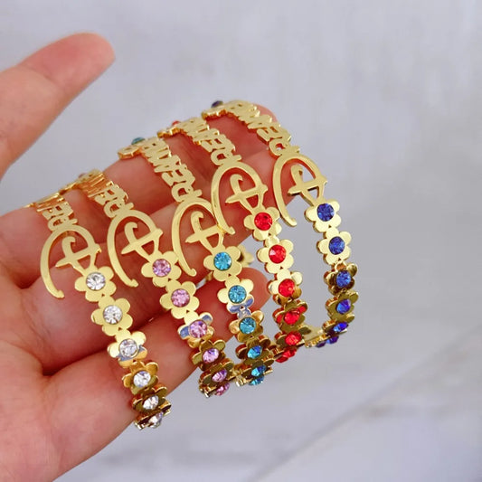 DUOYING Custom Letter Bangle Floral Customised Birthstone Bracelet Colorful Stainless Steel Gold Jewelry For Baby Girl Gift