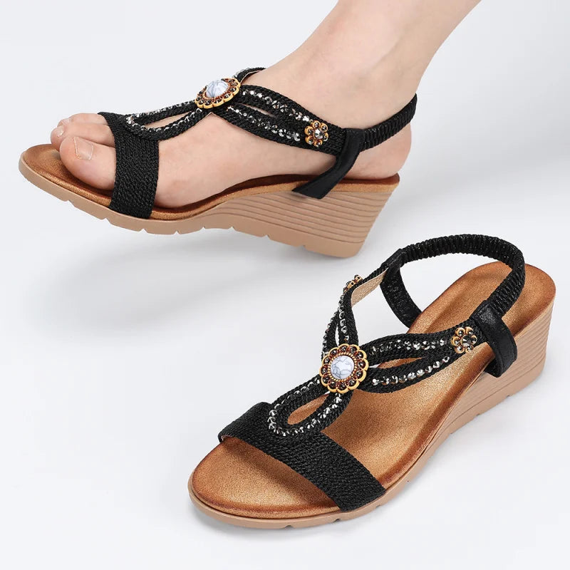 Women'S Thick-Soled Sandals Wedge-Heeled Beach Shoes Fashionable Rhinestones Comfortable Trendy Casual Shoe High Heels