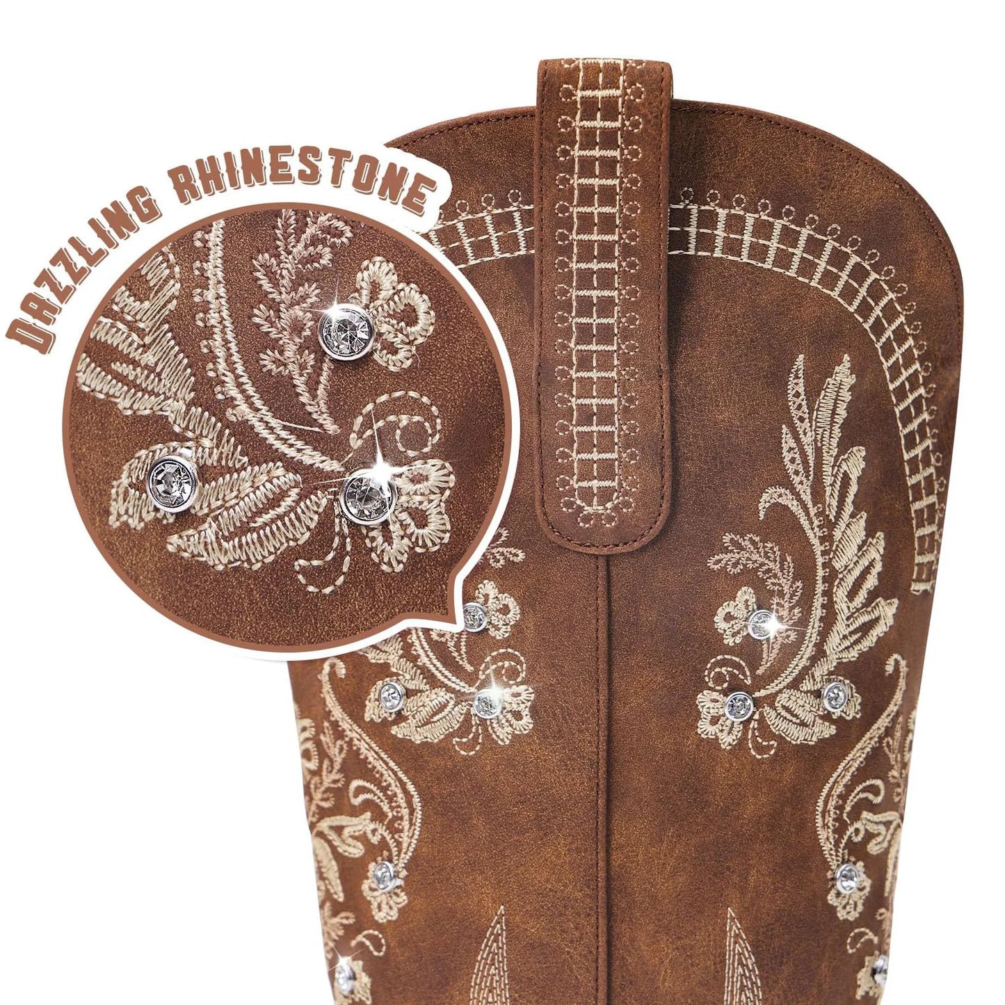 Cowboy Boots for Women - Wide Calf Knee High Western Cowgirl Boots, Sparkly Rhinestone Retro Country Boots Brown