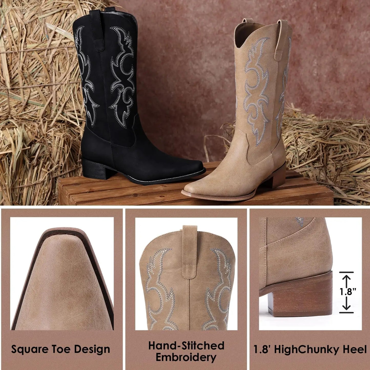 Light Brown Cowboy Boots for Women - Embroidered Cowgirl Boots Western Mid Calf Fashion Chunky Heel Pointed Toe Country Boots