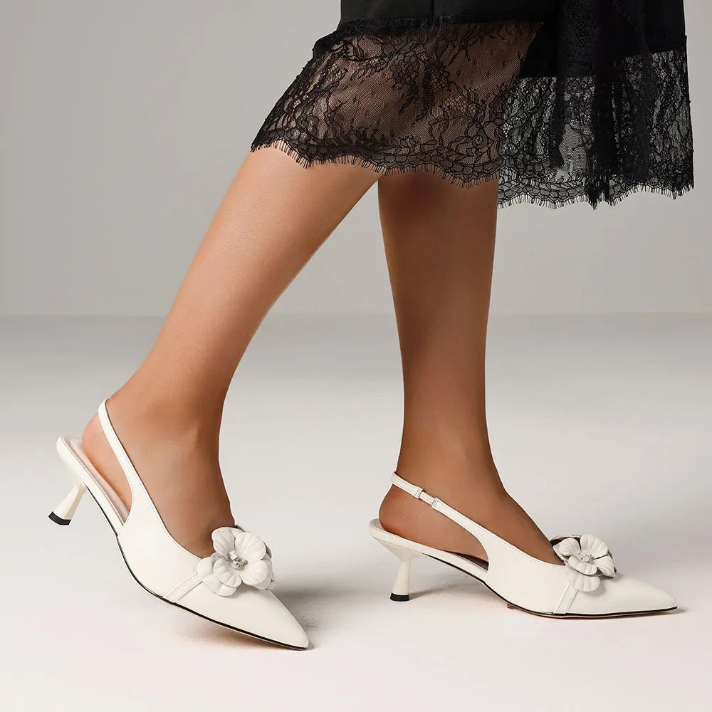 GIGIFOX Flower Kitten High Heel Sandals For Women Pointed Toe Elastic Band Pull-on Slingback Pumps Elegant INS All-Match Sandals