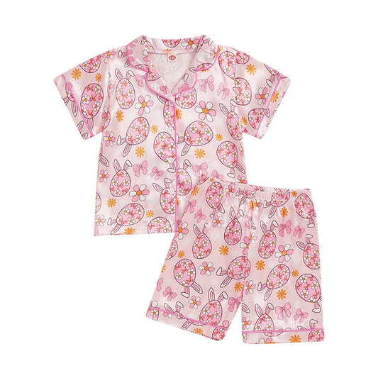 Adorable Toddler Girl Easter Pajamas Set with Egg and Floral Print Short Sleeve Lapel Tops and Elastic Waist Shorts Sleepwear